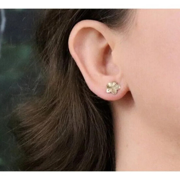 10k Yellow Gold Plumeria Flower Earrings Stud Post - Picture 2 of 8